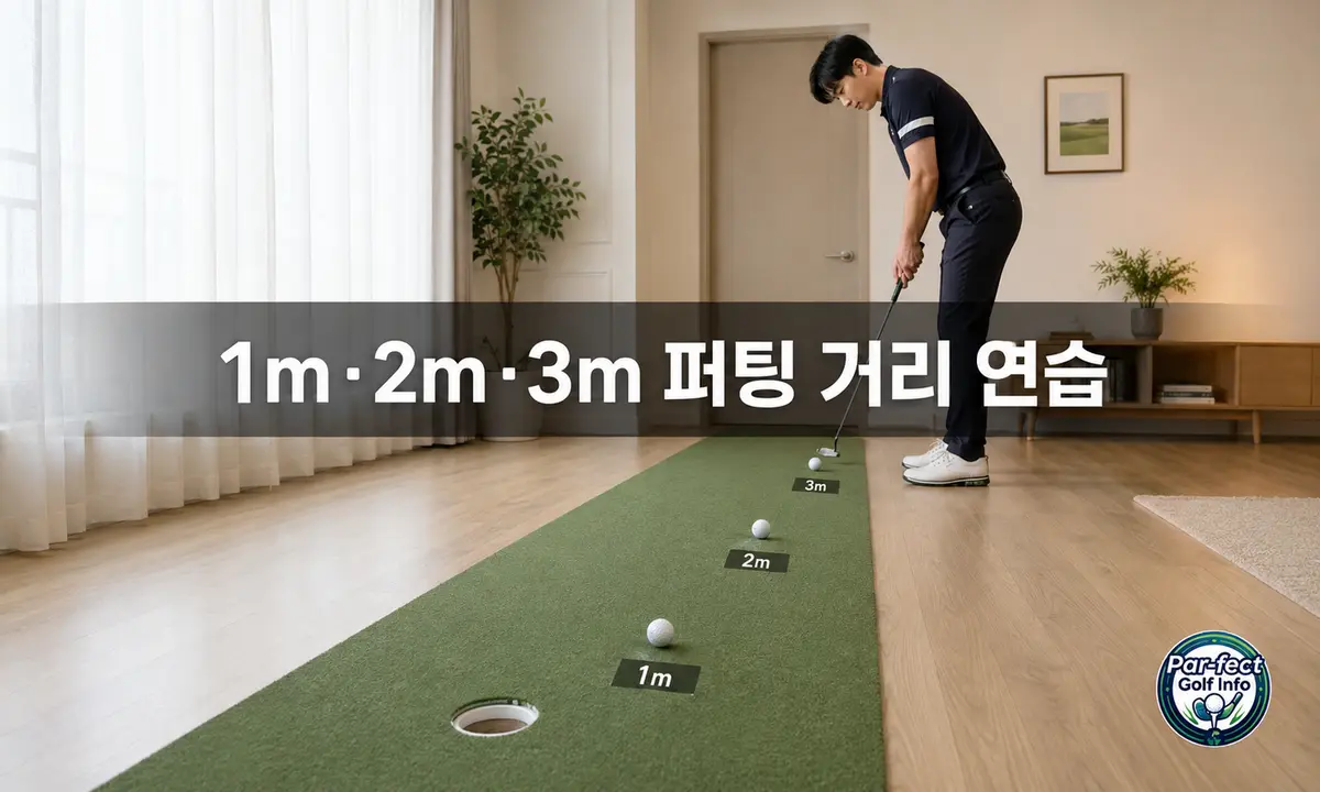 실내 퍼팅 매트에 1m, 2m, 3m 거리별로 골프공을 놓고 연습하는 모습