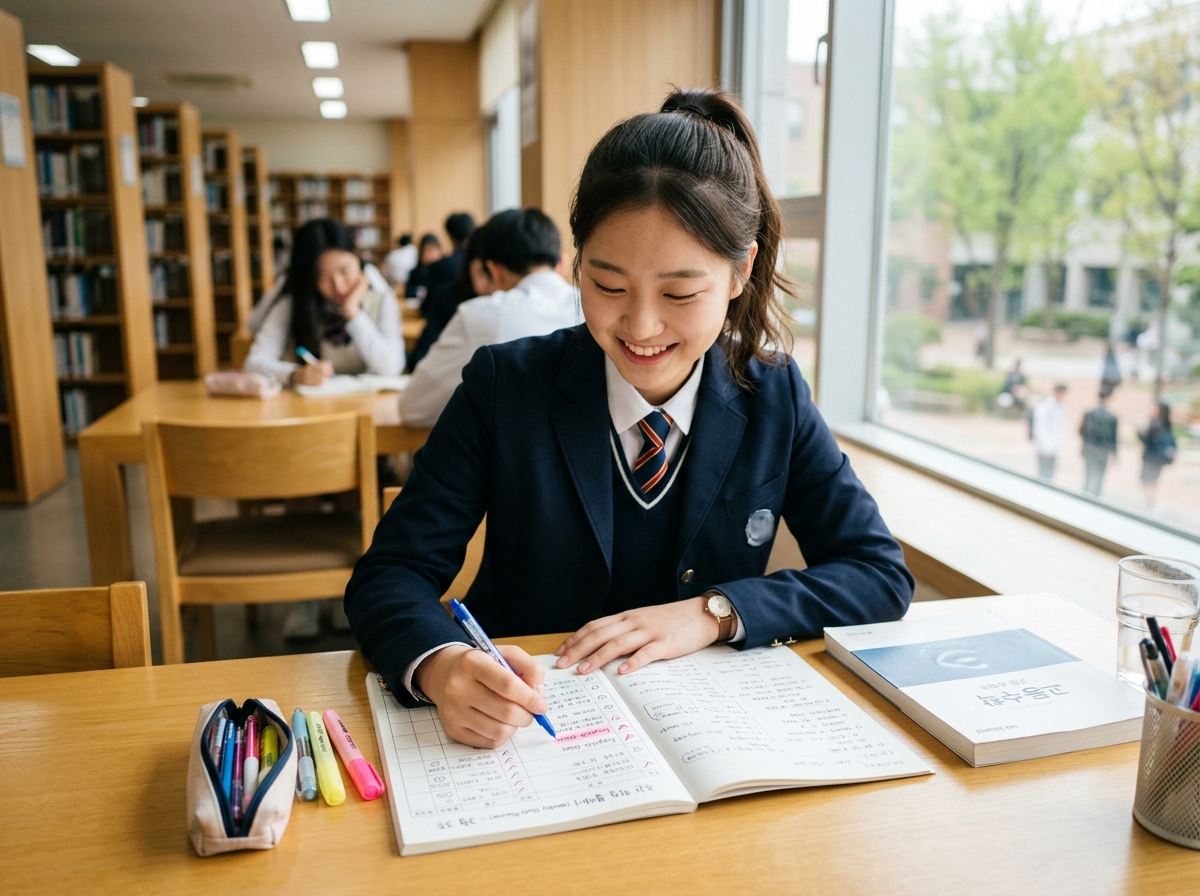 고등학생이 주간 학습 계획표를 점검하며 질문 해결 여부를 확인하는 모습