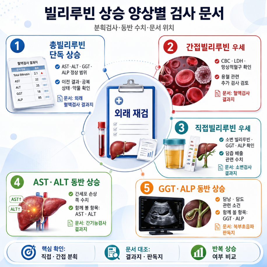 총빌리루빈 단독 상승, 간접빌리루빈 우세, 직접빌리루빈 우세, AST&middot;ALT 동반 상승, GGT&middot;ALP 동반 상승에 따른 검사 문서를 정리한 메디컬 인포그래픽