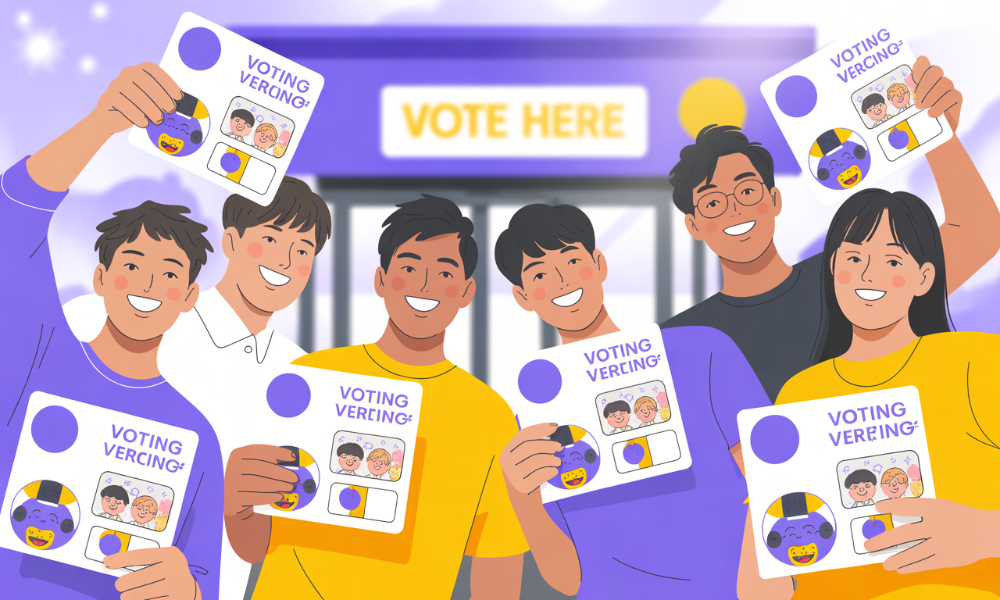 2025년 제21대 대통령선거 투표인증종이를 들고 기쁘게 포즈를 취하는 MZ세대 유권자들의 모습. 밝은 보라색과 노란색이 강조된 현대적인 일러스트로 투표 참여의 활기찬 분위기를 표현.