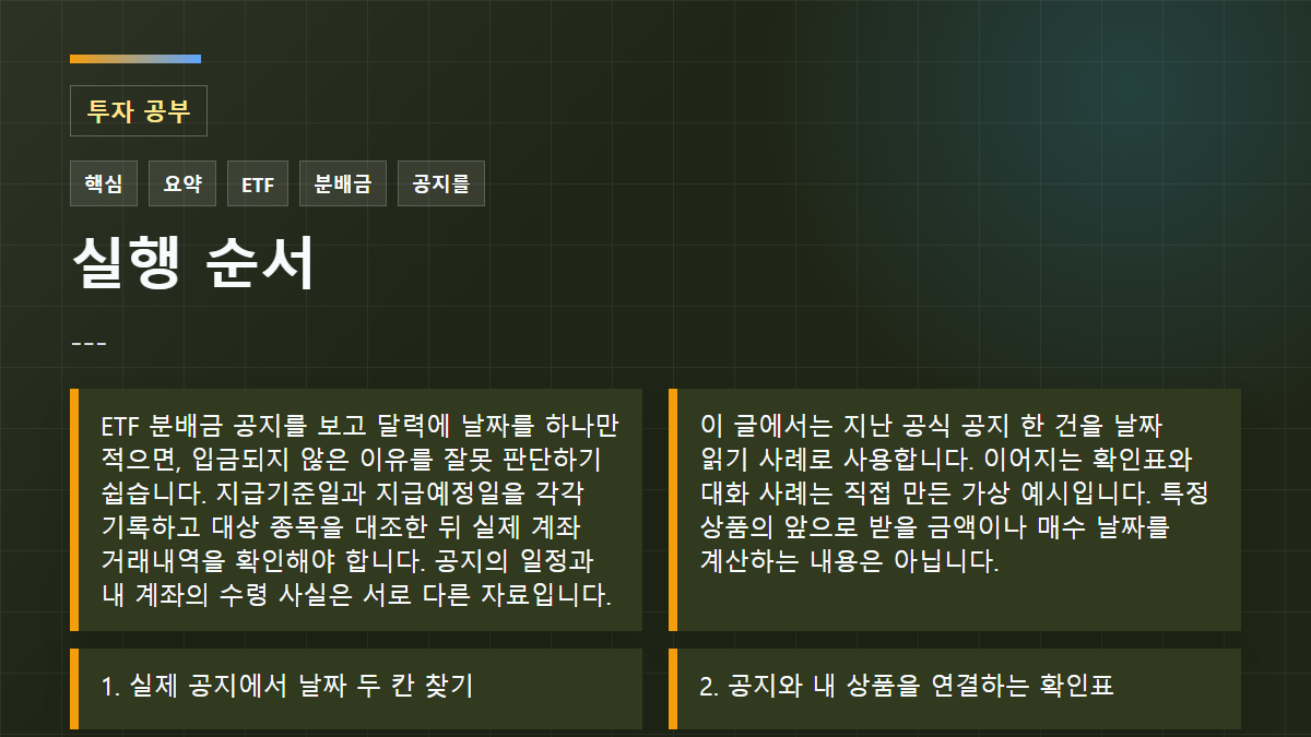 --- 실행 순서: ETF 분배금 공지를 보고 달력에 날짜를 하나만 적으면, 입금되지 않은 이유를 잘못 판단하기 쉽습니다. 지급기준일과 지급예정일을 각각 기록하고 대상 종목을 대조한 뒤 실제 계좌 거래내역을 확인해야 합니다. 공지의 일정과 내 계좌의 수령 사실은 서로 다른 자료입니다.; 이 글에서는 지난 공식 공지 한 건을 날짜 읽기 사례로 사용합니다. 이어지는 확인표와 대화 사례는 직접 만든 가상 예시입니다. 특정 상품의 앞으로 받을 금액이나 매수 날짜를 계산하는 내용은 아닙니다.; 1. 실제 공지에서 날짜 두 칸 찾기
