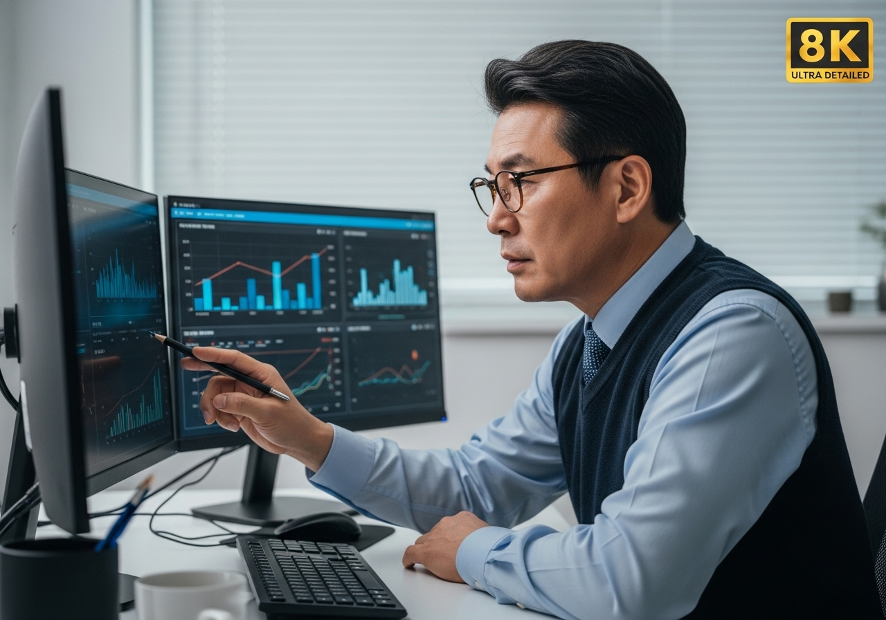 Korean man in his 50s analyzing charts
