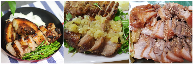 삼겹살 스테이크, 마늘 통삼겹 구이, 무수분 수육 사진
