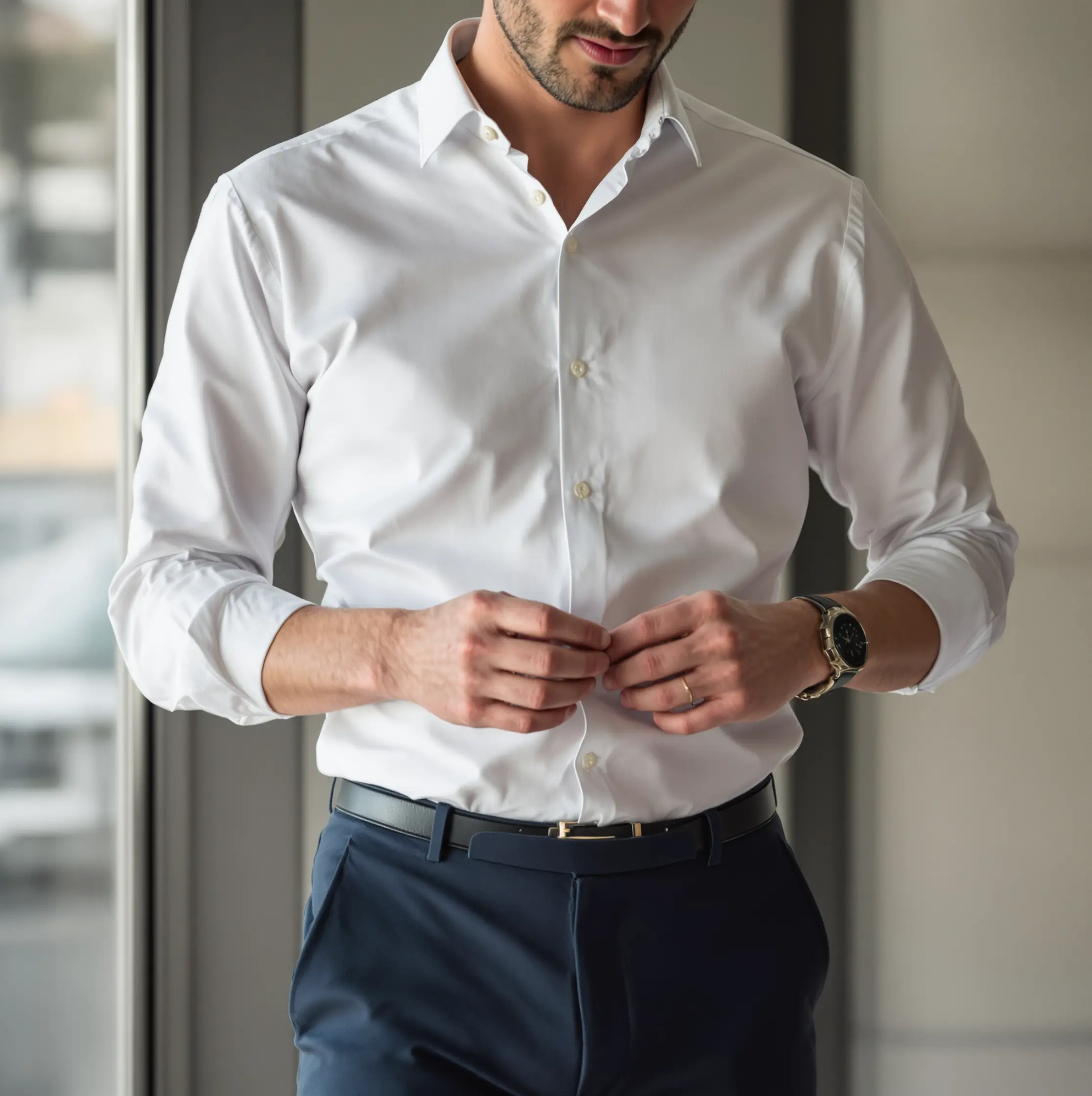 화이트 셔츠와 네이비 바지를 입은 직장인이 거울 앞에서 배색을 점검하는 모습