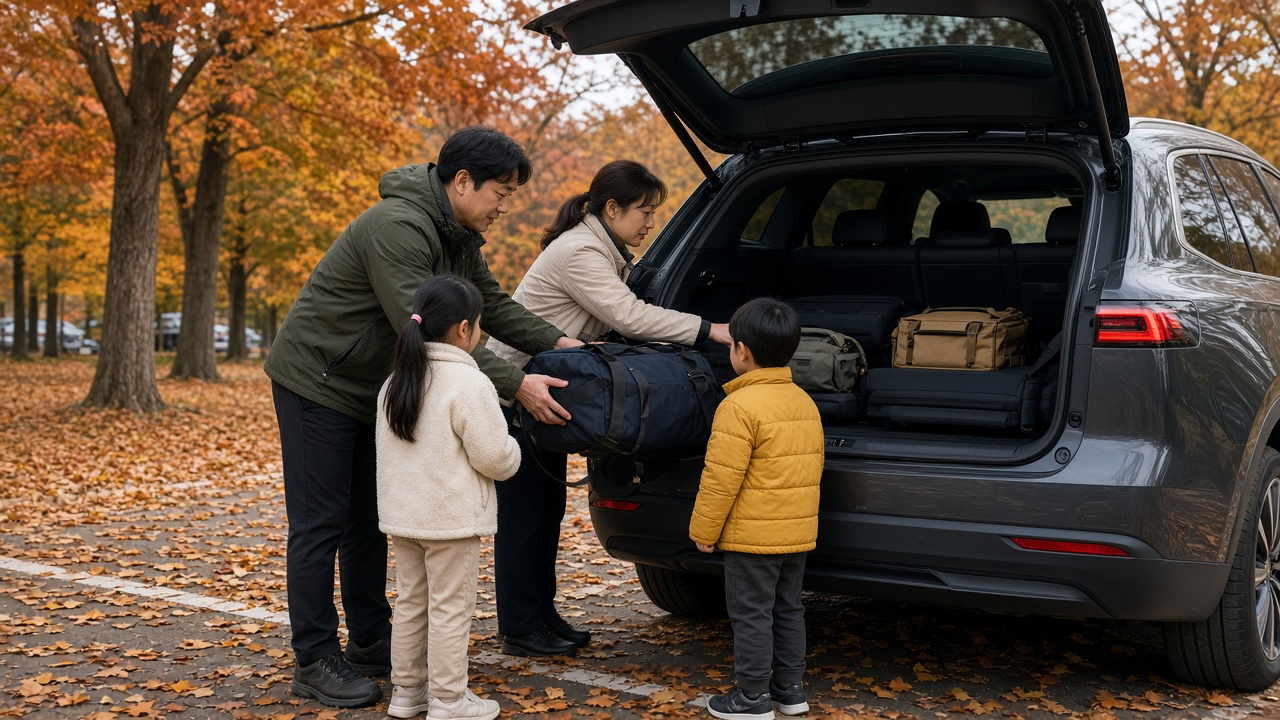 단풍 든 주차장에서 30대 한국인 부부와 두 아이가 대형 전기 SUV 트렁크에 캠핑 가방을 싣는 모습