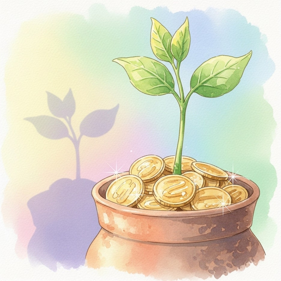 동전 더미에서 피어나는 작은 새싹의 수채화