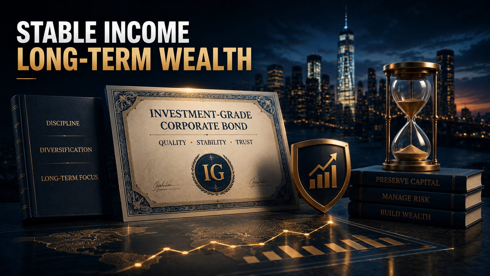 Investment-grade bonds representing stable income, long-term wealth, portfolio resilience, and capital preservation in a cinematic financial environment.