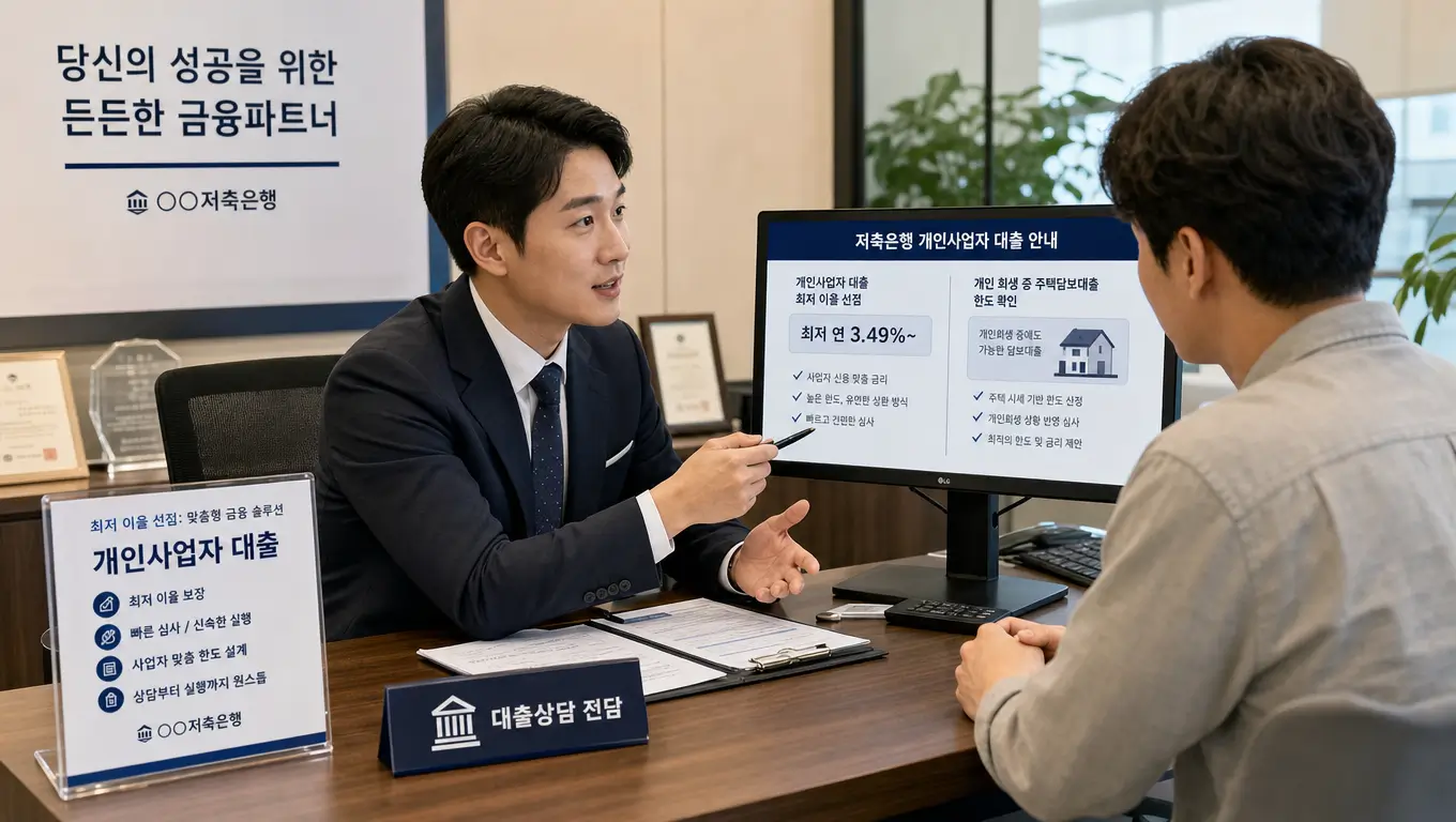 저축 은행 개인 사업자 대출 최저 이율 선점 및 개인 회생 중 주택 담보 대출 한도 확정을 위해 금융 사무실 데스크에서 상담을 진행하는 모습