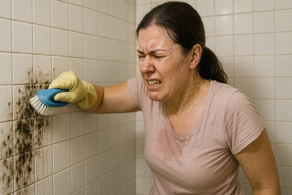 집안 곰팡이 제거 방법: 화장실 타일에 생긴 곰팡이를 제거하는 주부