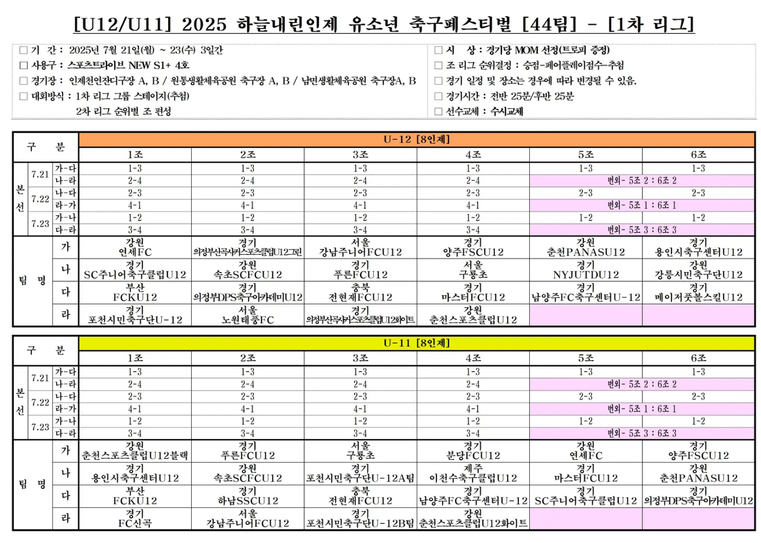 2025 하늘내린인제 유소년 축구 페스티벌 U12/U11 1차 리그 경기 일정 및 대진표