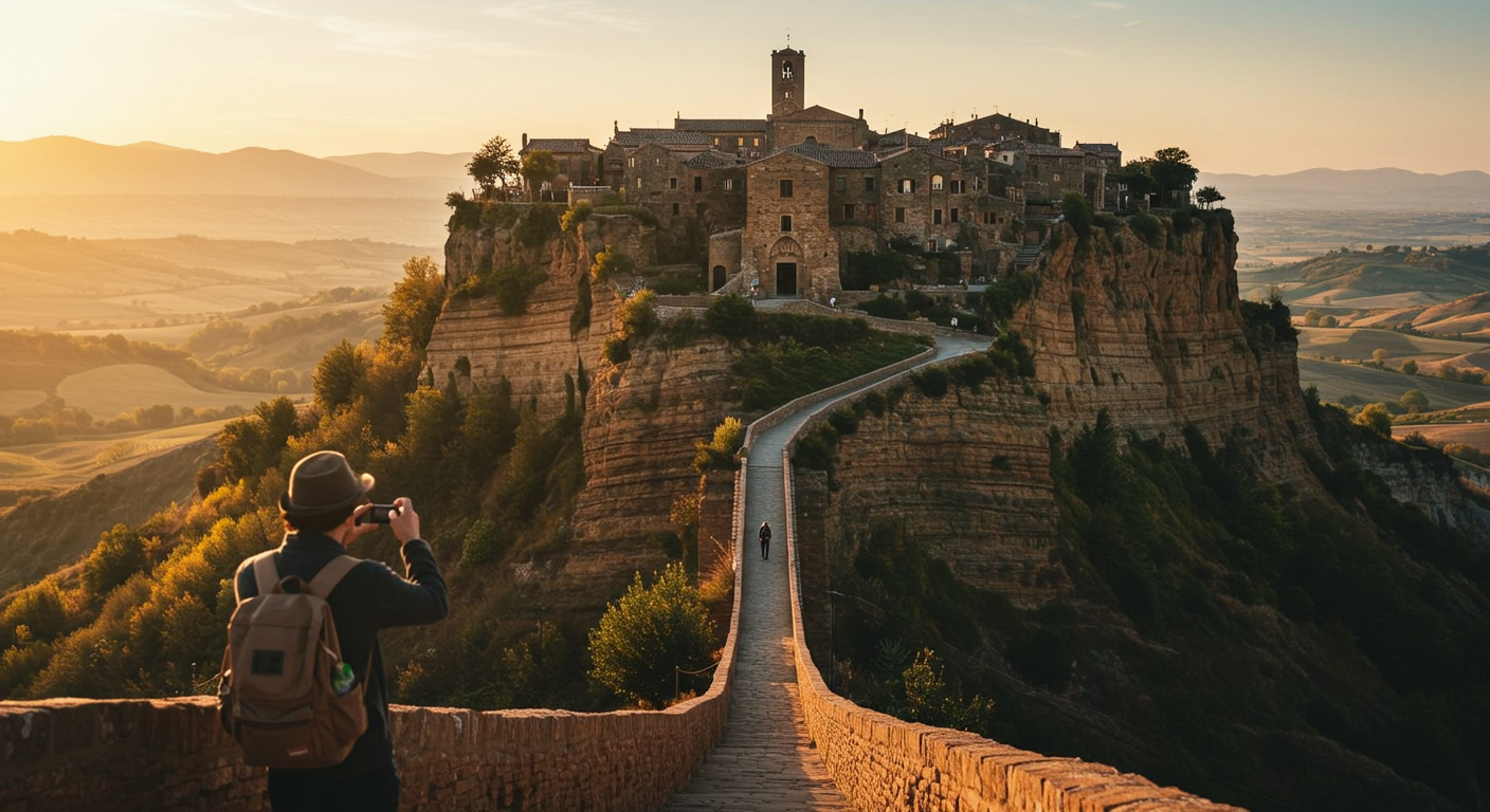 여행객이 건물과 풍경을 사진찍고 있다