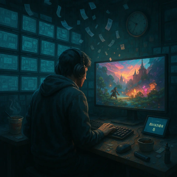 수십 개의 모니터가 켜진 어두운 방 안에서 헤드폰을 쓴 남성이 판타지 게임 세계를 플레이하고 있으며, 책상 위에는 컵라면과 태블릿이 놓여 있는 몰입형 게이밍 환경