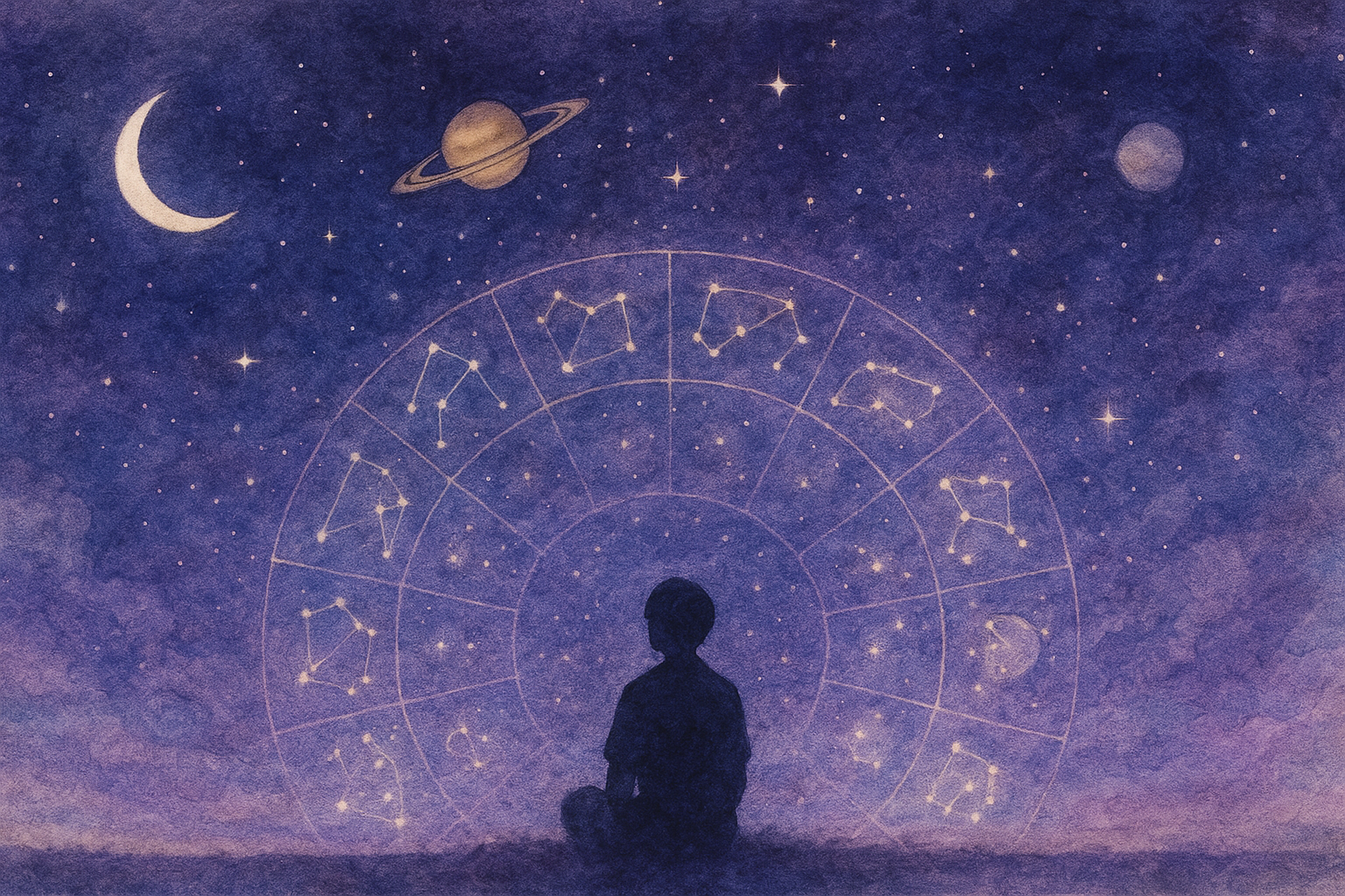 2025 astrology guide illustration with constellations, cosmic sky, and planetary transits