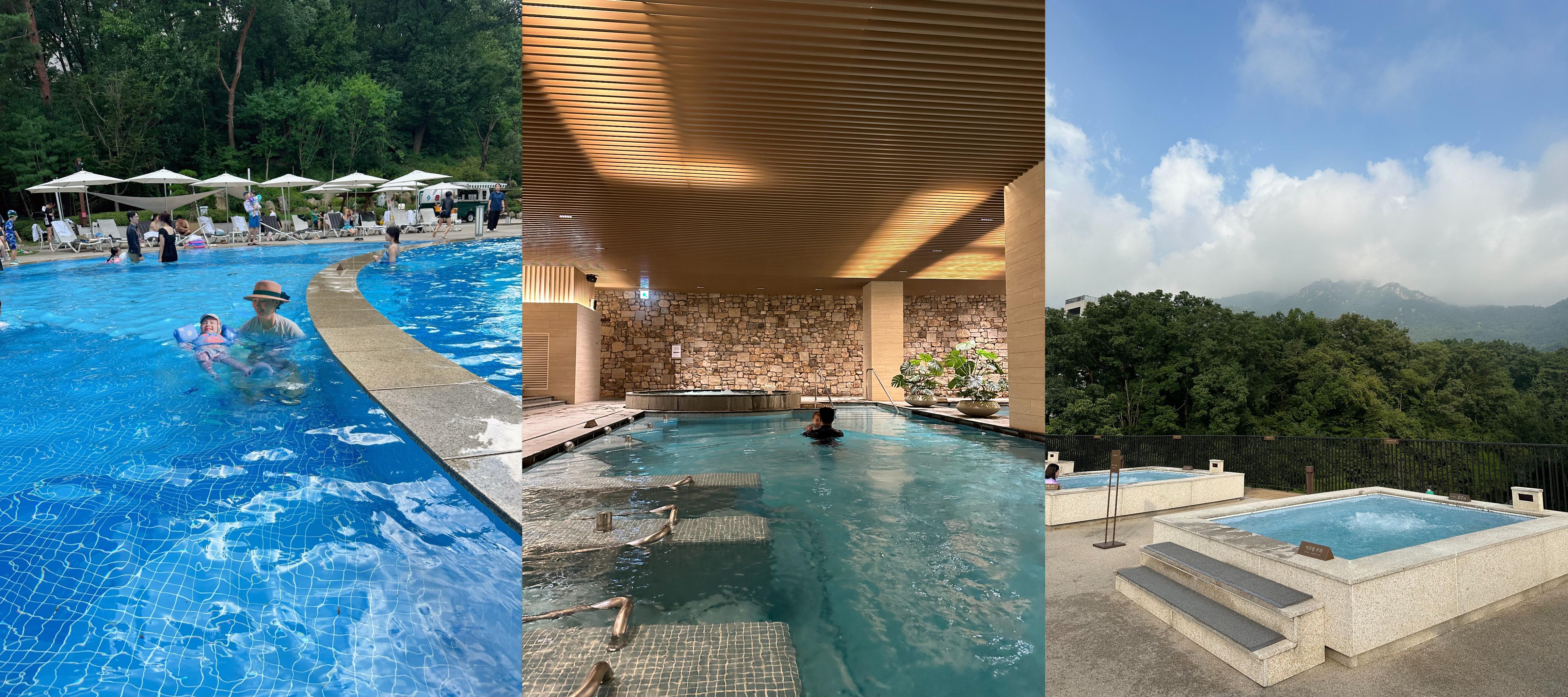 파라스파라 서울 리조트의 야외 키즈풀, 실내 바데풀, 루프탑 자쿠지가 담긴 콜라쥬 이미지