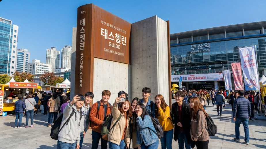 부산역 광장에 설치된 대형 택슐랭 가이드북 조형물과 웃고 있는 사람들