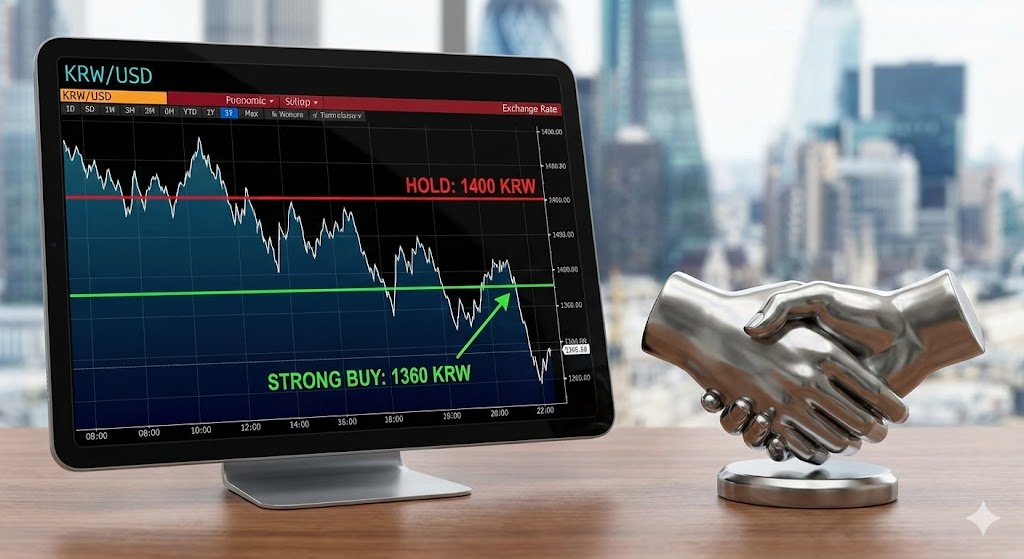 환율 그래프 위로 1,360원 선에 'Strong Buy' 라인이 그어져 있고, M&A 악수 아이콘이 함께 있는 이미지