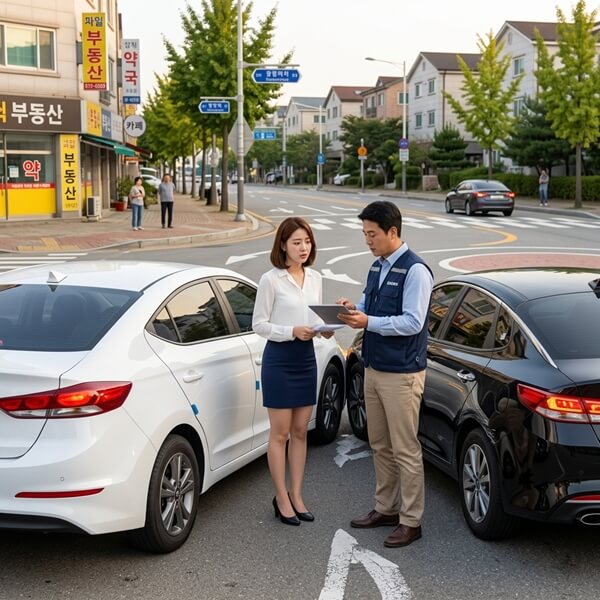 회전교차로에서 교통사고 발생으로 보험사 직원과 상담하고 있는 모습