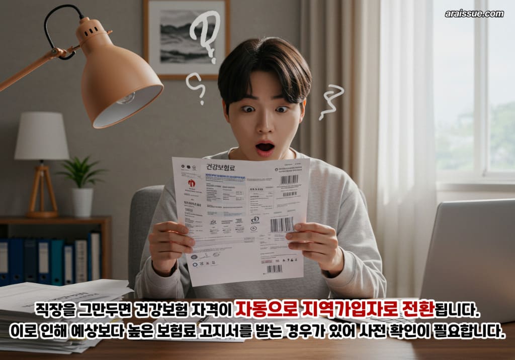 직장을 그만두면 건강보험 자격이 자동으로 지역가입자로 전환됩니다. 이로 인해 예상보다 높은 보험료 고지서를 받는 경우가 있어 사전 확인이 필요합니다.