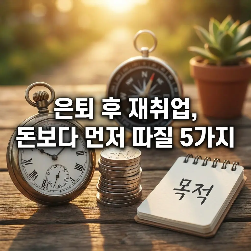 해 질 녘 따뜻한 빛이 들어오는 야외 탁자 위에 빈티지한 회중시계, 나침반, 쌓여 있는 동전, 그리고 '목적'이라고 적힌 수첩이 놓여 있는 모습. 은퇴 후 다시 일을 시작하기 전 돈보다 먼저 따져봐야 할 기준들을 상징적으로 표현한 썸네일 이미지.