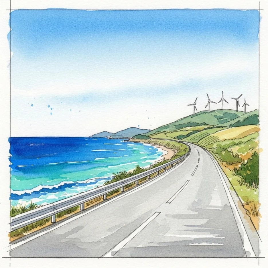 푸른 바다와 풍력발전소가 보이는 포항 해안도로.