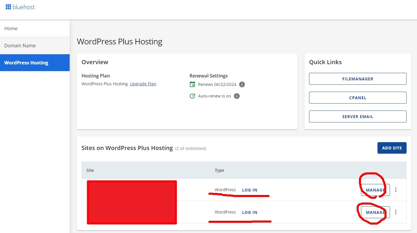 블루호스트 관리 화면