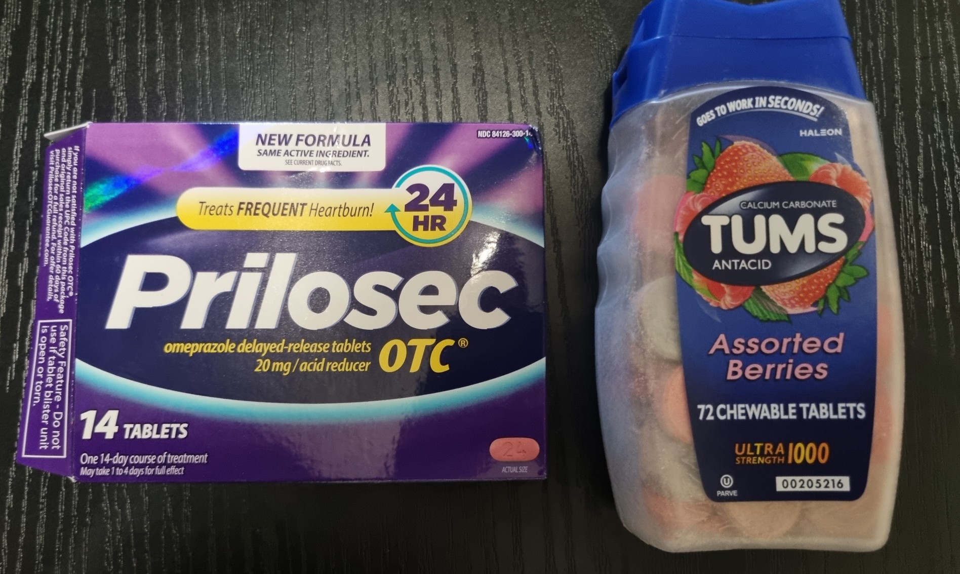 미국 역류성 식도염과 속쓰림에 사용하는 OTC 위산억제제 Prilosec과 제산제 Tums