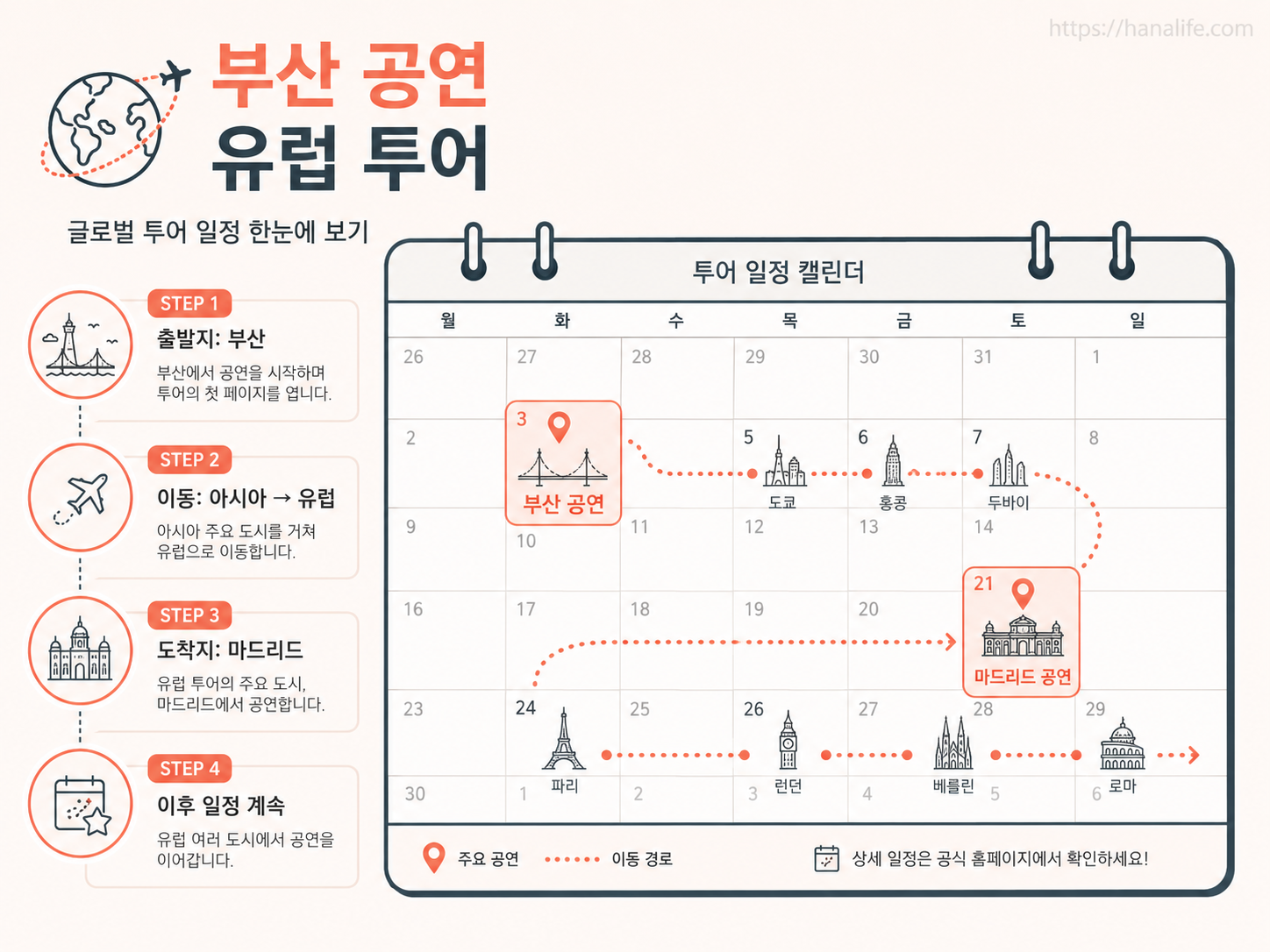부산 및 스페인 마드리드로 이어지는 방탄소년단의 하반기 투어 일정 캘린더 안내