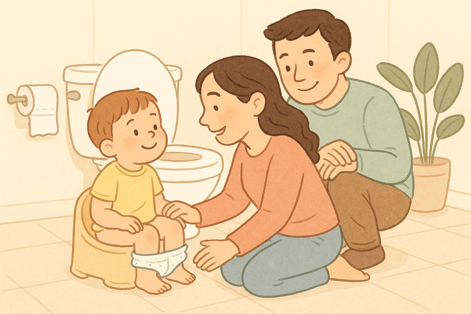 아기 배변훈련 중 부모와 함께 따뜻하게 변기 훈련을 연습하는 장면