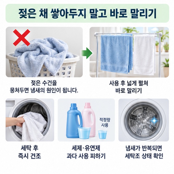 수건 냄새를 줄이기 위해 사용 후 펼쳐 말리고 세탁 후 즉시 건조하는 방법을 표현한 이미지