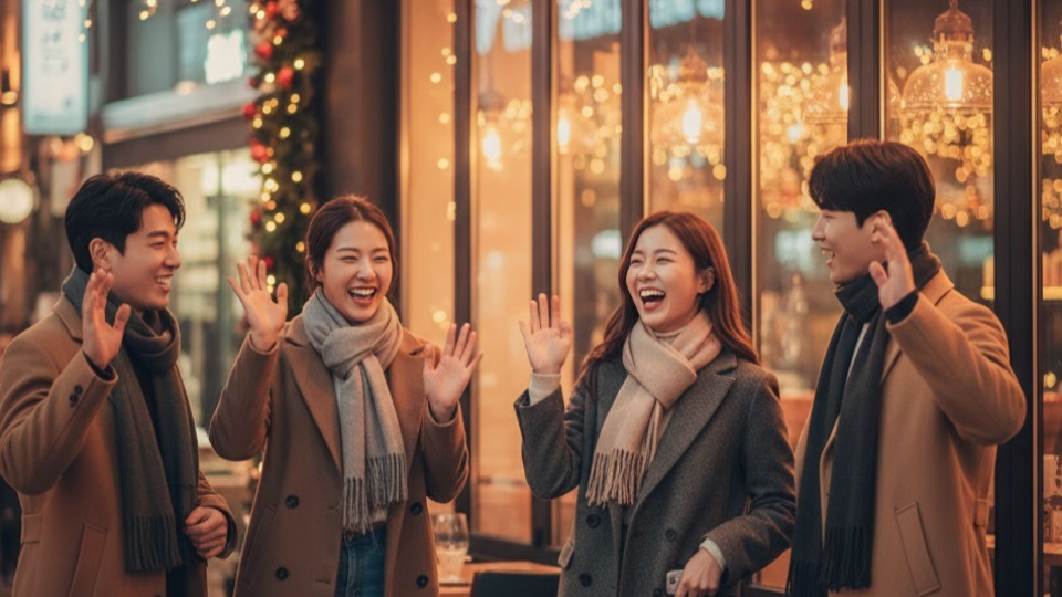 약속 장소에서 성공적으로 만나 즐거워하는 친구들의 모습