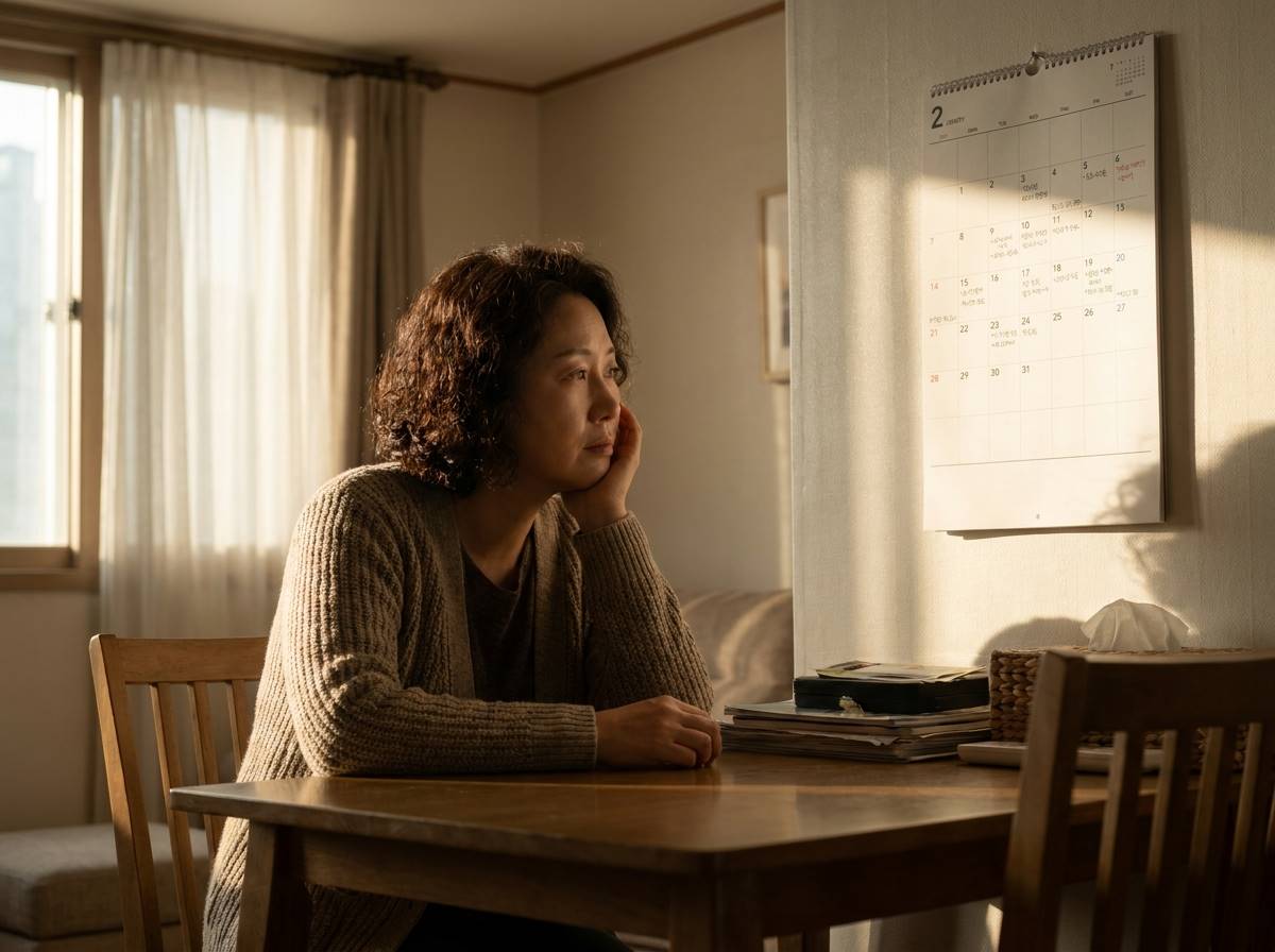 40대 중반 여성이 달력을 보며 고민에 빠진 모습