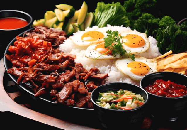 식탁에 둥그런 검정 접시에 담긴 많은 양의 비빔밥이 있다. 하얀 밥 위에 4개의 달걀프라이가 있고, 돼지고기 볶음이 왼쪽에 가득하다. 검정 그릇에는 장아찌와 고추장이 있다.