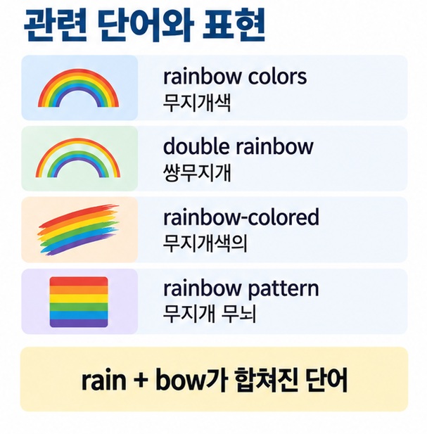 rainbow colors double rainbow rainbow-colored rainbow pattern 등 무지개 관련 영어 표현을 설명한 이미지
