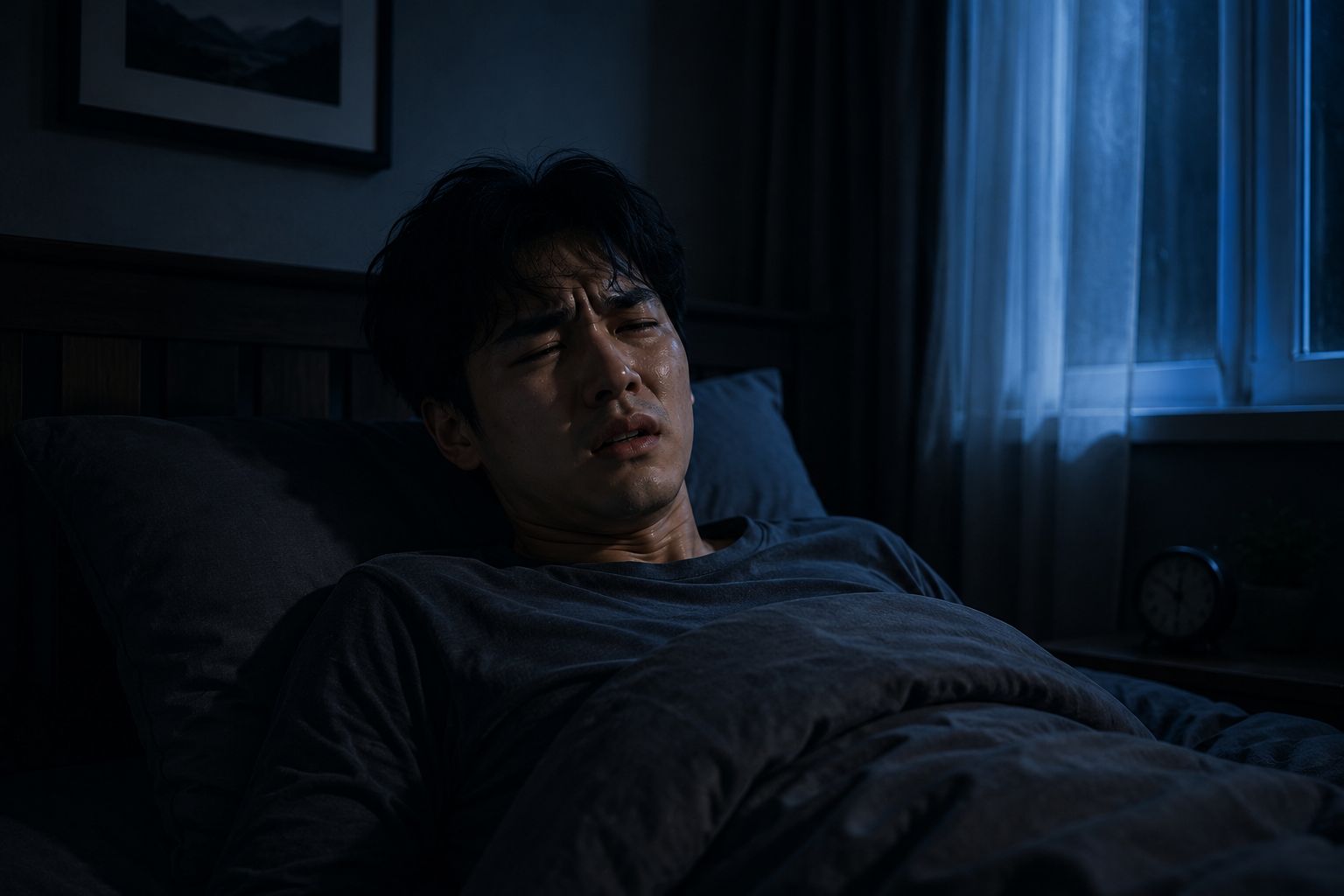 잠결에 피 나는 꿈이나 죽는 꿈과 같은 악몽을 꾸면서 식은땀을 흘리고 인상을 찌푸리고 있는 남성의 모습