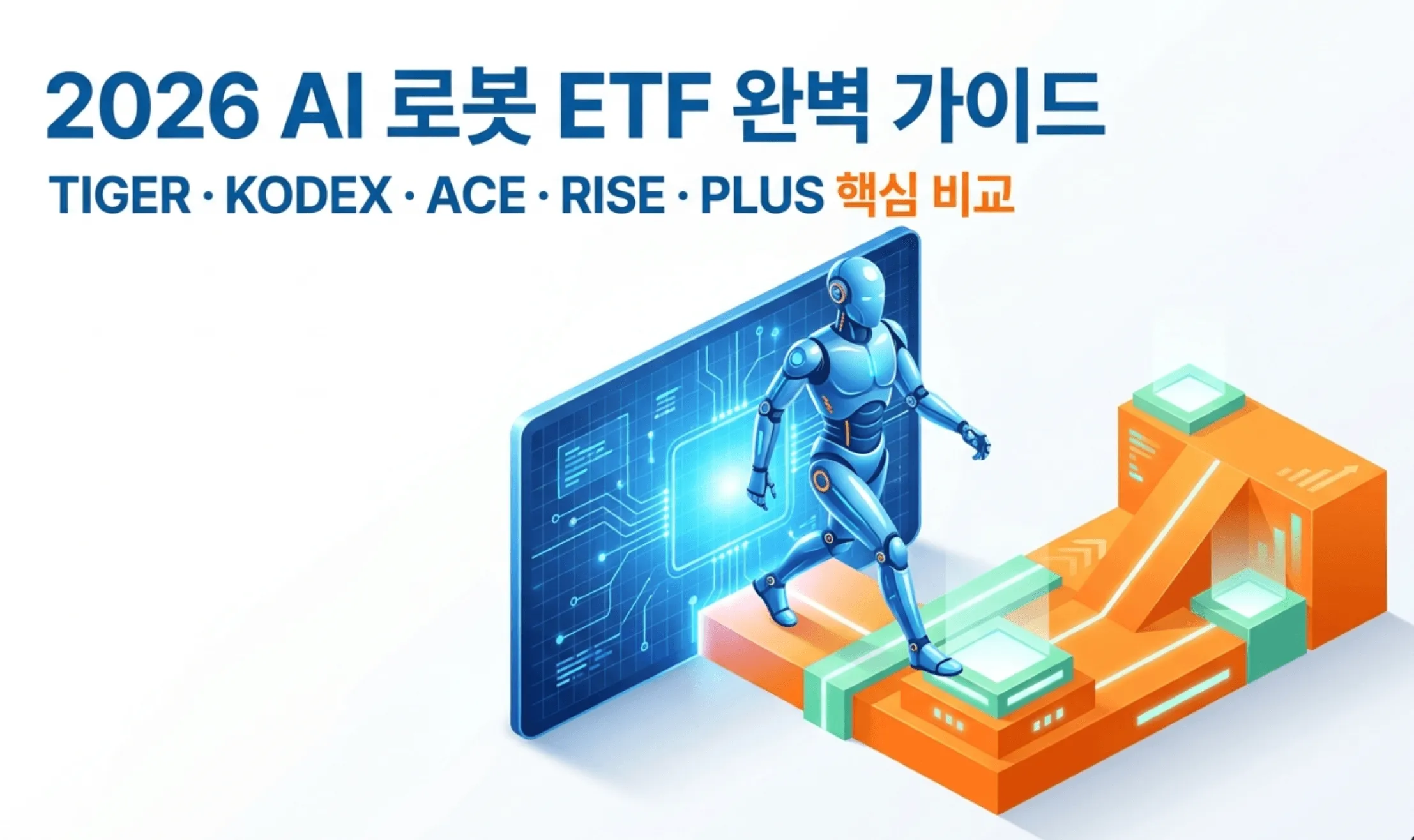 2026 AI 로봇 ETF 완벽 가이드라는 제목과 함께 TIGER KODEX ACE RISE PLUS 핵심 비교라는 문구가 표시된 대표 이미지. 휴머노이드 로봇이 디지털 화면 앞에서 상승 차트를 향해 걸어가는 일러스트가 포함되어 있으며 국내 상장된 AI 로봇 ETF 12종의 투자 지역별 수익률과 수수료를 비교 분석하는 블로그 글의 핵심 내용을 시각적으로 전달하는 이미지