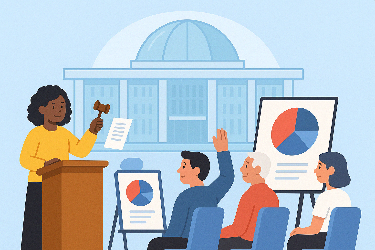 투명한 유리 국회의사당, 시민들이 참여하는 타운홀 회의 모습