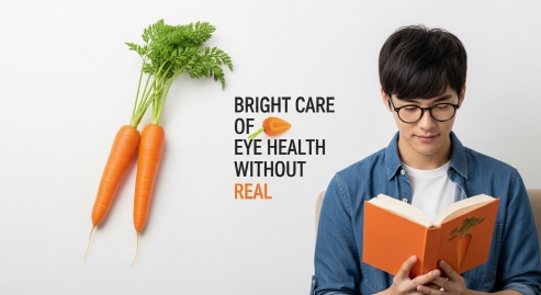 눈 건강을 상징하는 당근 이미지와 책을 읽는 청년