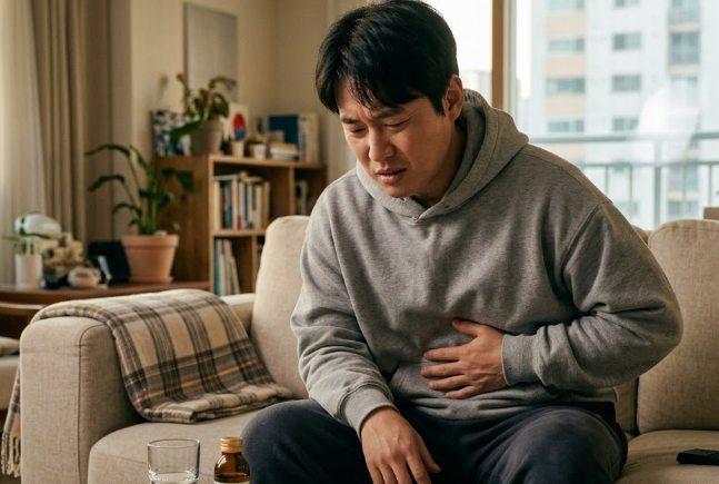 명치 부위를 손으로 잡고 불편해하는 남성 - 기능성소화불량 원인