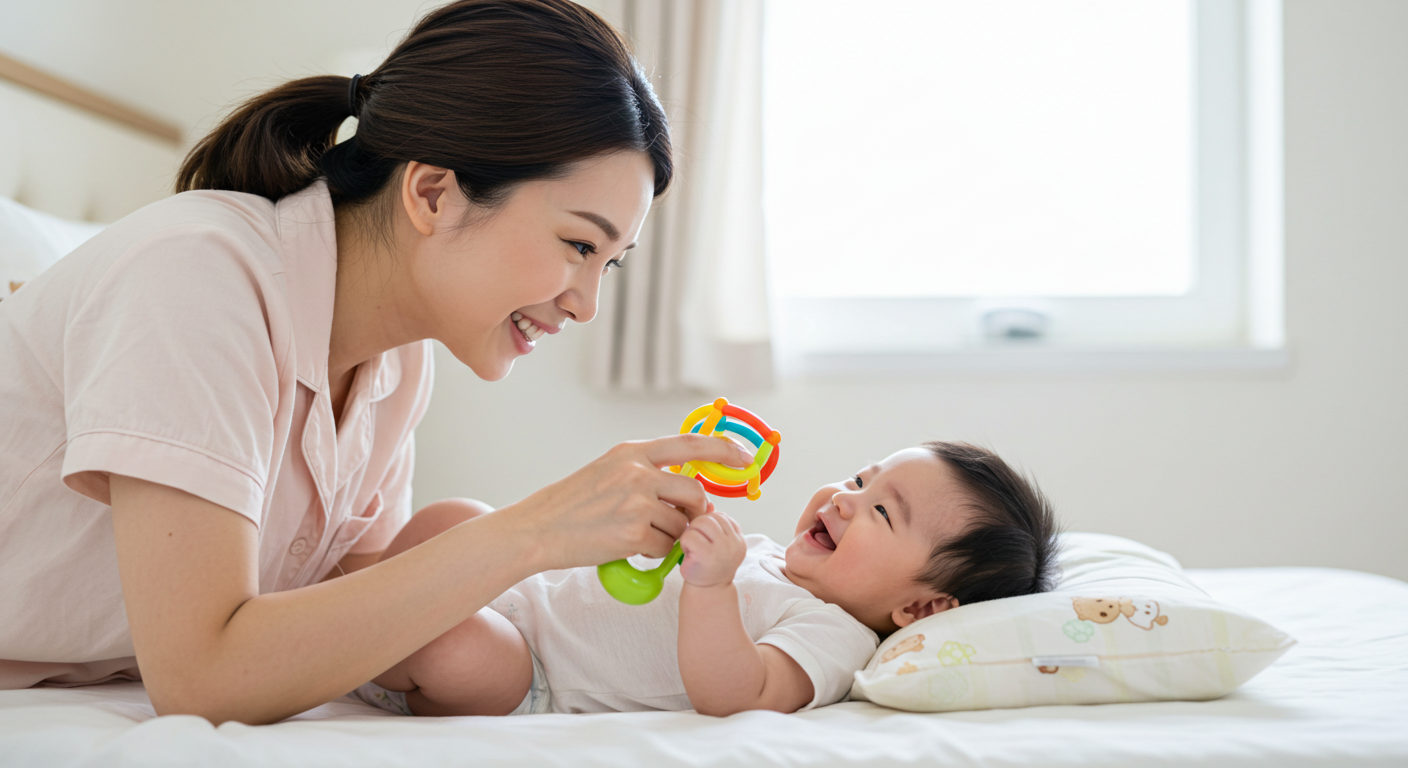 생후 100일 정도 되는 아기와 30살 초반의 엄마. 침대 위에서 행복한 웃음을 지으며 딸랑이를 가지고 놀고 있는 모습.