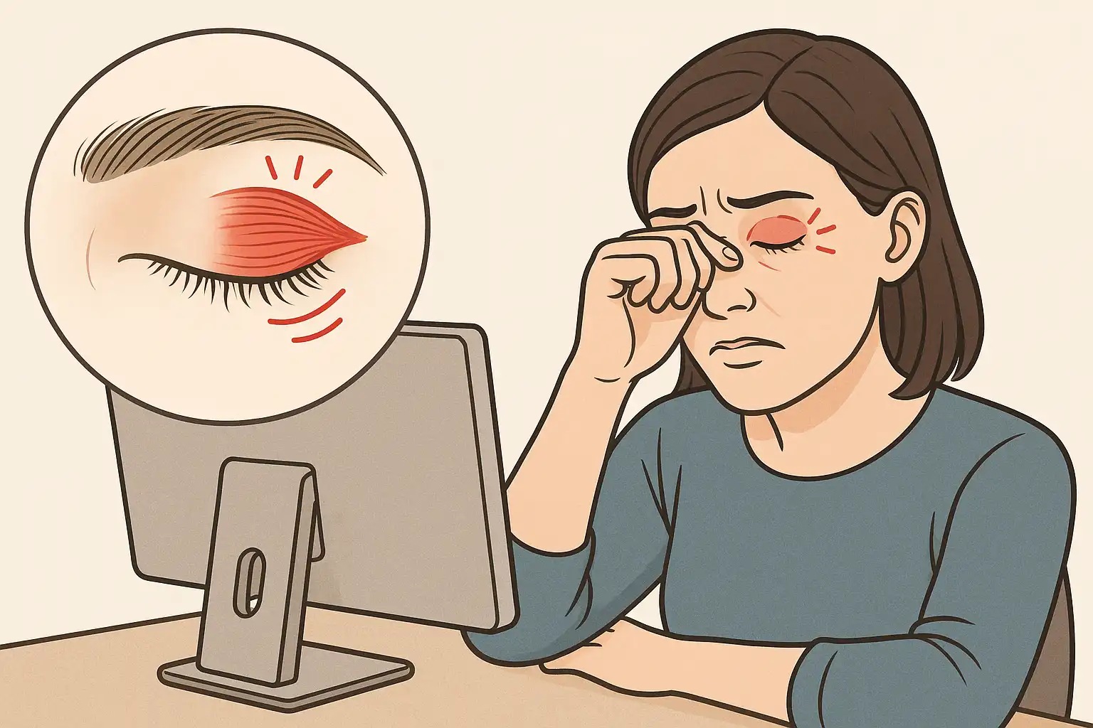 윗눈꺼풀 근육 미세 수축을 단순화한 의학 일러스트, 컴퓨터 모니터 앞에서 눈을 비비거나 피곤해하는 사람