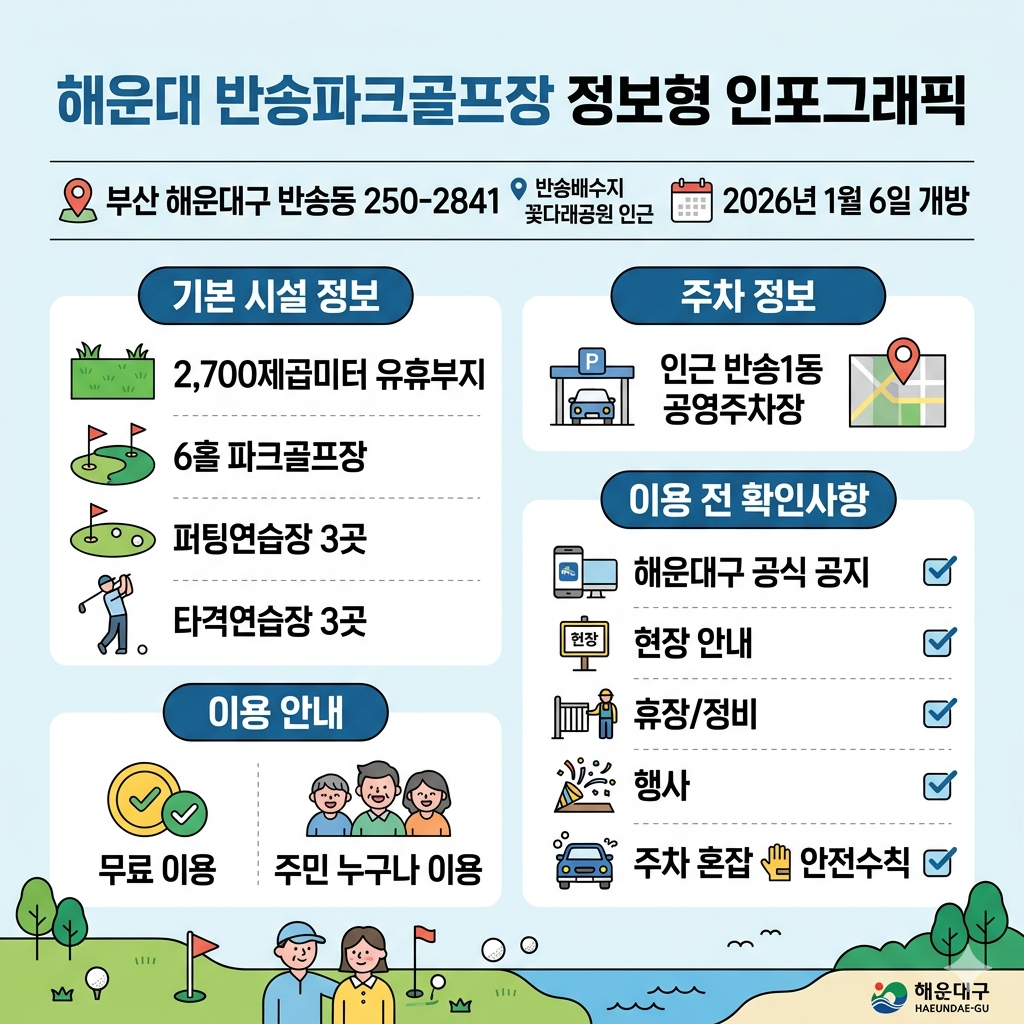 해운대 반송파크골프장 이용방법 위치&middot;예약&middot;요금&middot;주차&middot;운영 확인 인포그래픽