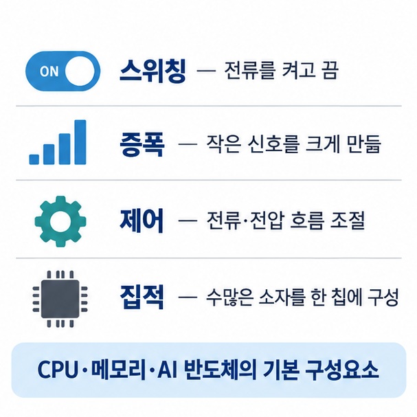 트랜지스터가 스위칭 증폭 제어 집적 기능을 통해 컴퓨터 오디오 전원장치 CPU 메모리에 활용되는 구조를 설명한 이미지