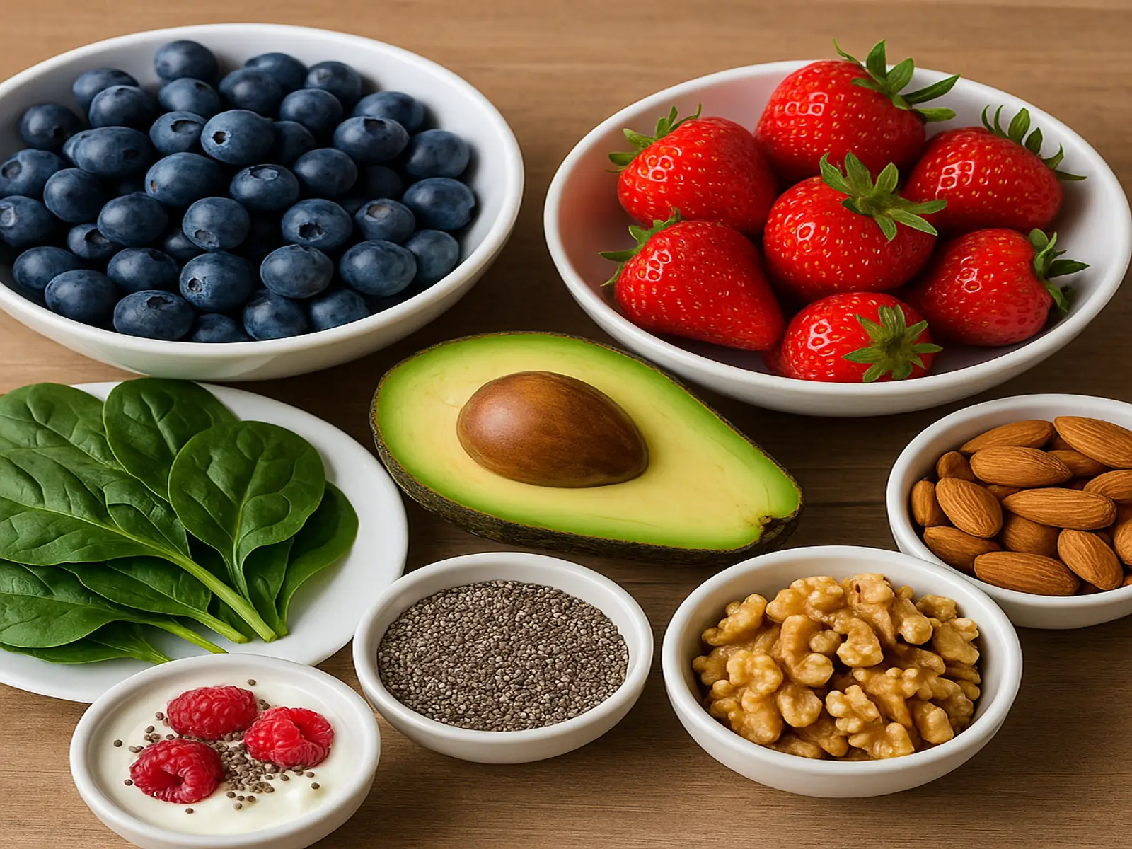 항산화 슈퍼푸드로 구성된 건강한 식탁 — 블루베리, 라즈베리, 아보카도, 시금치, 견과류, 치아씨가 신선하게 담긴 모습