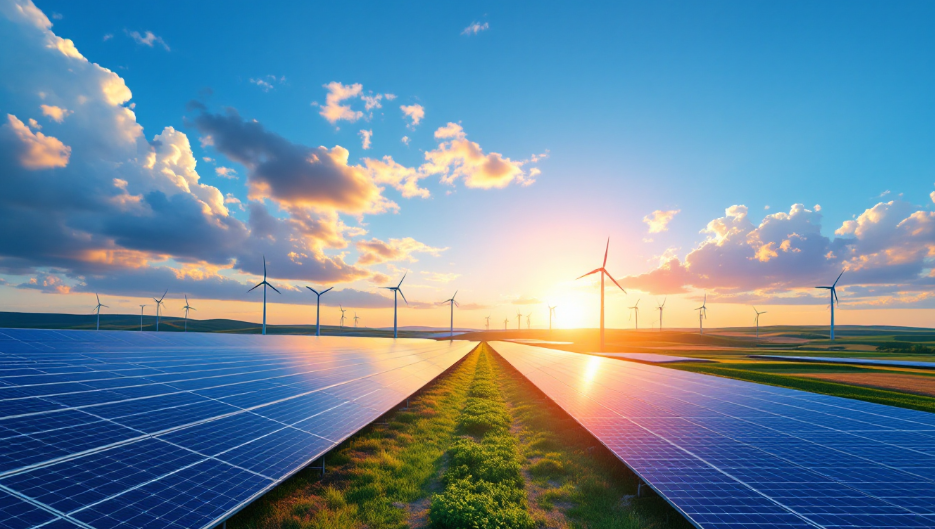 유럽연합의 태양광 및 풍력 발전 인프라를 보여주는 친환경 에너지 이미지