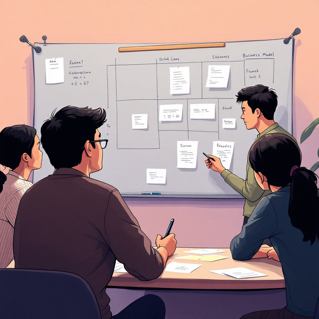 화이트보드 앞에서 팀과 함께 비즈니스 모델을 논의하는 장면