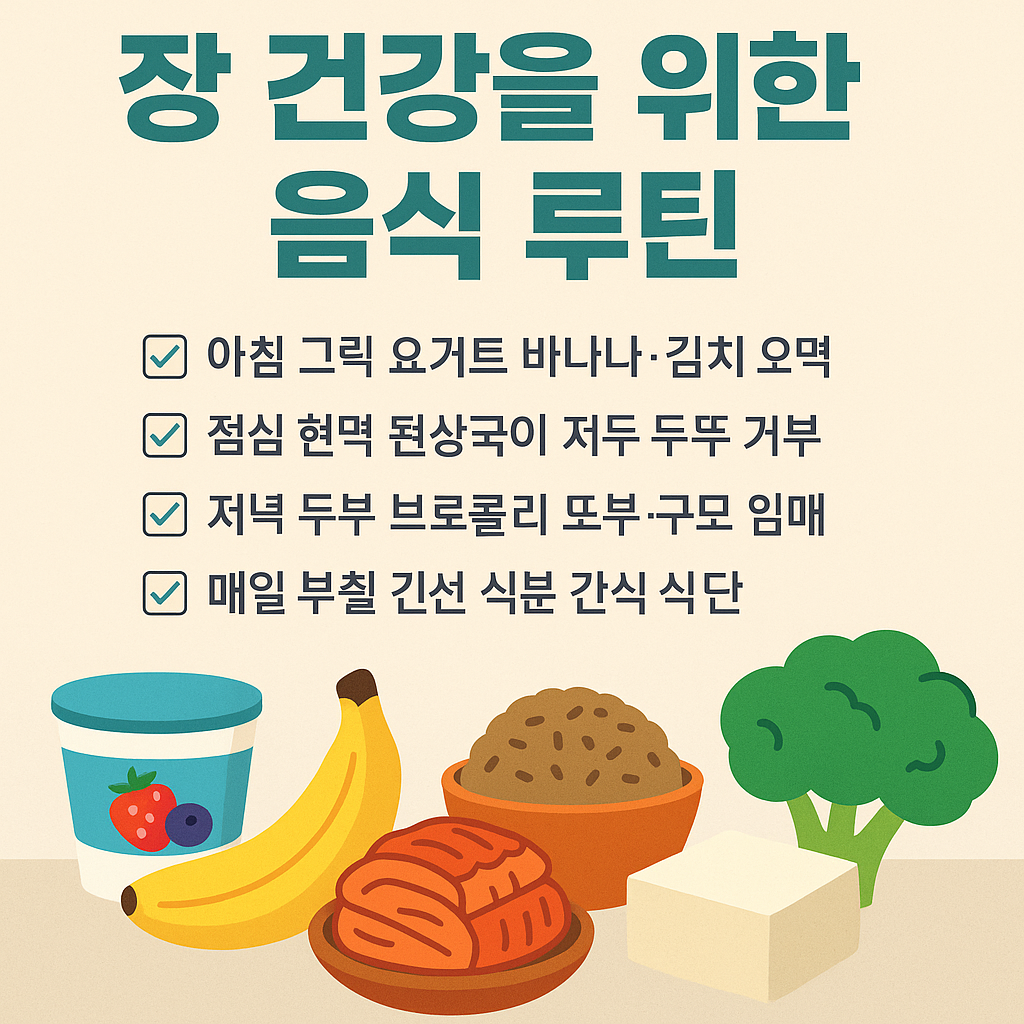 장 건강을 위한 음식 루틴을 소개하는 한국어 인포그래픽 이미지로, 요거트, 바나나, 김치, 브로콜리, 두부 등 장내 균총에 도움 되는 음식들이 삽화로 표현된 플랫 스타일 디자인