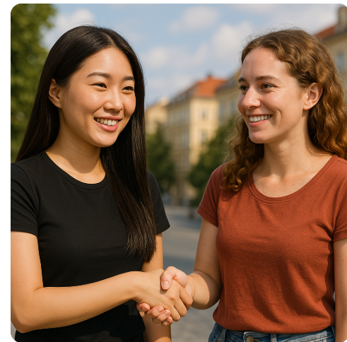 한국과 유럽 여성이 손잡고 있음