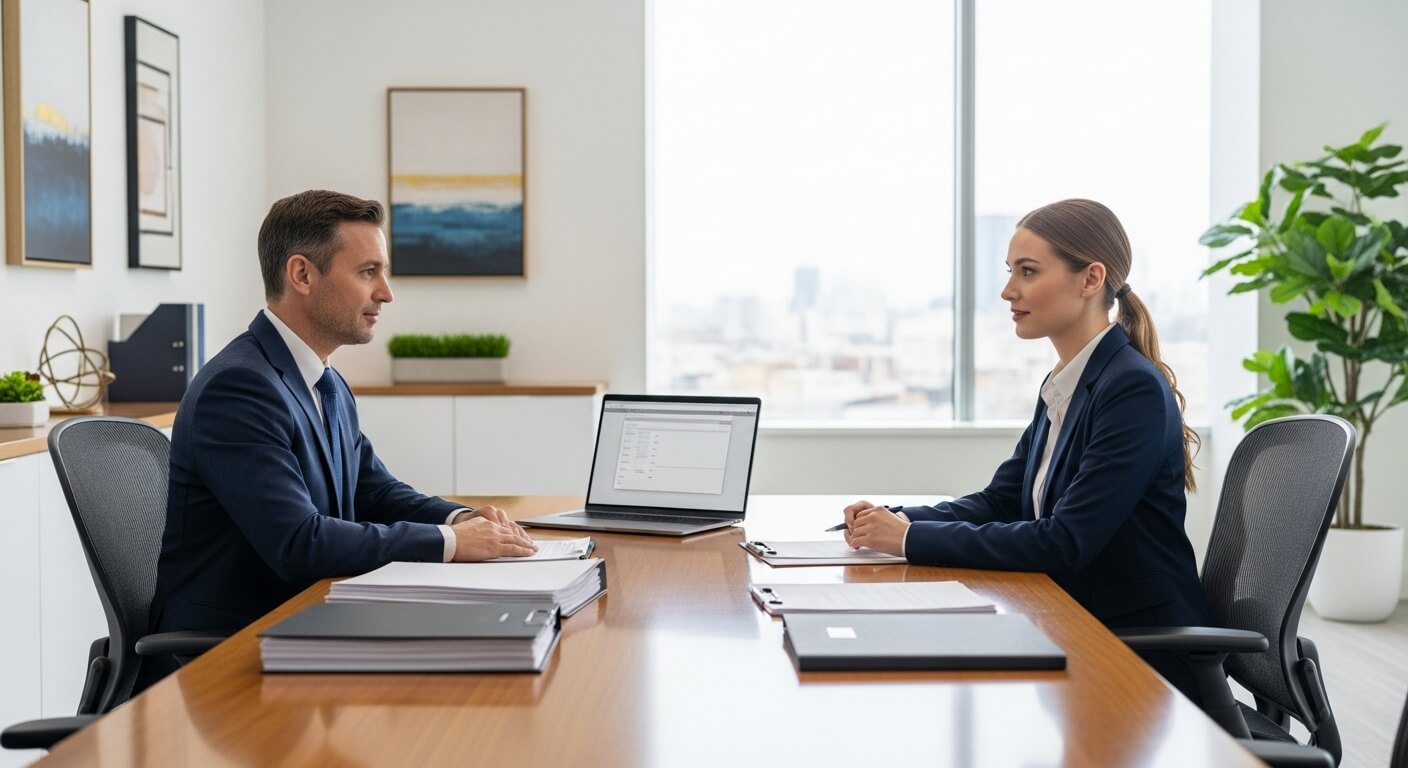사무실에서 세무 담당자와 납세자가 대면 상담 중인 장면