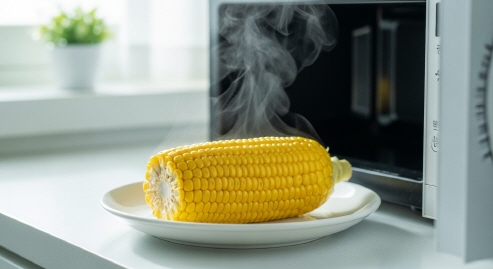 전자레인지에서 막 꺼낸 초당옥수수를 접시에 담으며 행복해하는 모습