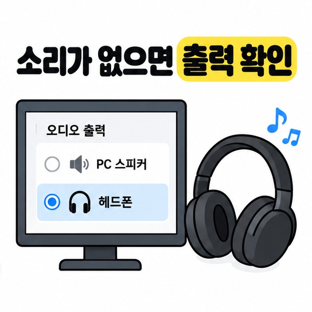 PC 오디오 출력 화면에서 PC 스피커 대신 헤드폰을 선택하고 무선 헤드폰에서 음악을 재생하는 모습